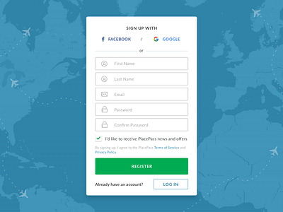Register (Step 2) / PlacePass create account form log in login modal on boarding popout register sign in sign up ux flow