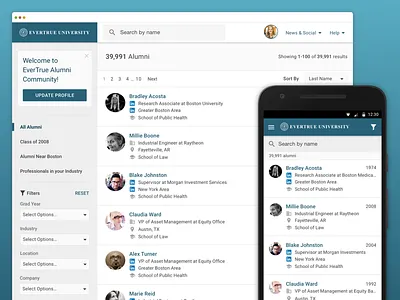Responsive Directory Search android device directory filter linkedin links material design pagination responsive results search web