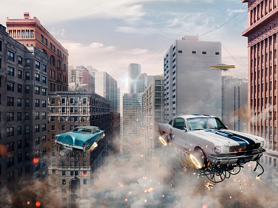 Futuristic 100k car flight free illustration manipulation matte muscle painting photo plane retro