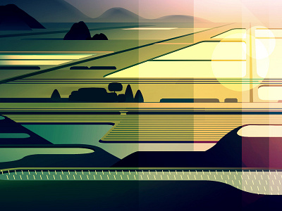 Riziere china illustration landscape light rice field sun travel voyage
