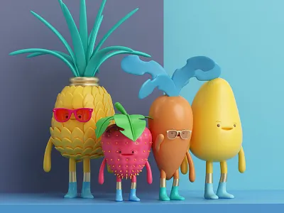 COMIDA carrot character food fresa fruit mango pineapple render