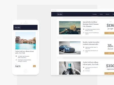 The Blue - Special Offers app cards coupon ios layout luxury marketplace membership minimal serif ui web