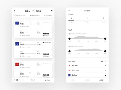 Flights results app cards clean filters ios map minimal mobile slider ui ux