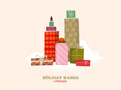 Holiday Hangs in Philadelphia christmas holiday illustration mid century philadelphia presents skyline texture