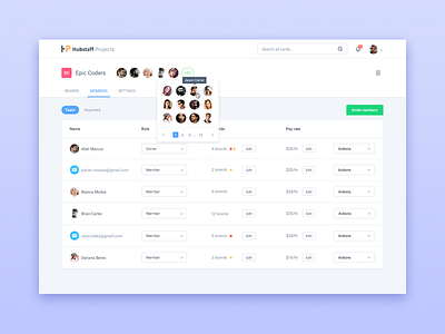 Team members v2 app cards clean dashboard management material design organization project table tabs team users
