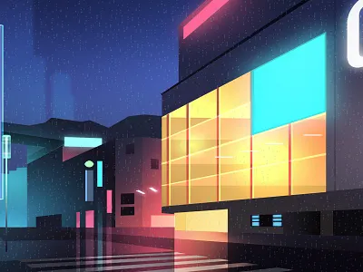 Shibuya city illustration light neon night rain shibuya stores tokyo windows