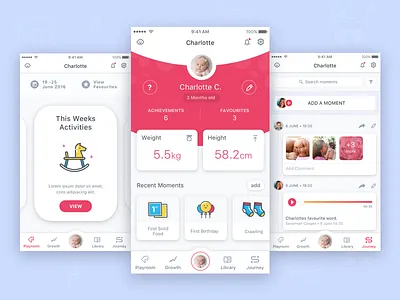 Baby Stimulation Mobile App for Parents activity baby clean colourful illustration isoflow mobile moments stimulation ui user interface