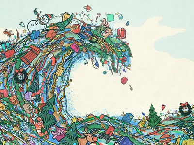 Caught in the Undertow christmas drawing hokusai holiday illustration ink line season tidal tree vector wave
