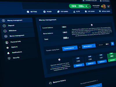 Casino - Money Management Page account casino dark blue deposit money manegement options poker tabs wip