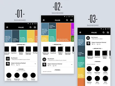 Pulse App Wireframes android app camera campus streams design hyperlocal location streams phone ui ux