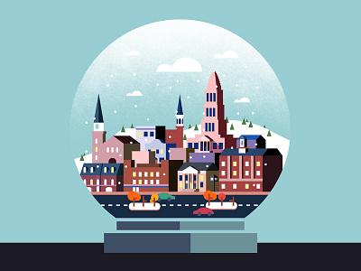 Oldtown Snowglobe buildings christmas flat graphic design illustration skyline snowglobe town vector