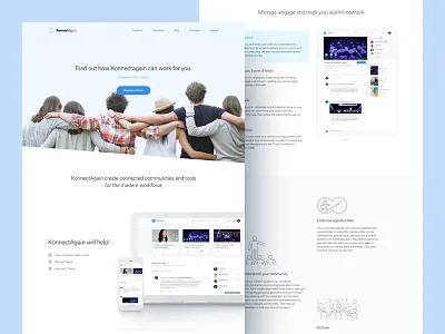 KonnectAgain: Home and Tour clean community homepage icons landing product ui ux