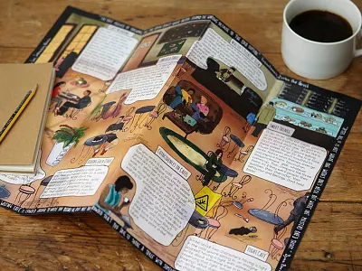 The Café Writing Map - Unfolded cafe drawing illustration london map window write around town