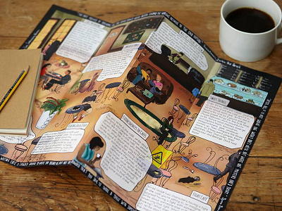 The Café Writing Map - Unfolded cafe drawing illustration london map window write around town