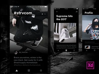 Adobe XD Exploration - Urban Fashion Lifestyle App adobe xd application black and white dark feed ios10 minimal mobile profile ui user interface ux