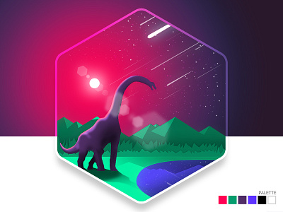 Dino Badge badge icon comet dinosaur gradient hexagon illustration nature pin space star field vector