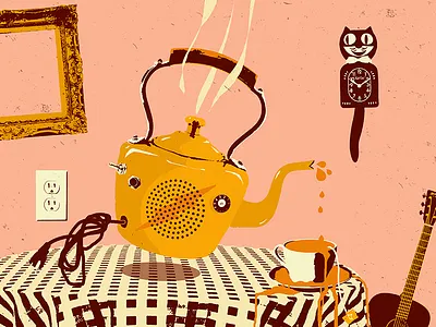 Teapot Amp / Orange Tea Spill amplifier cat clock design guitar illustration kitchen tea teapot wilco