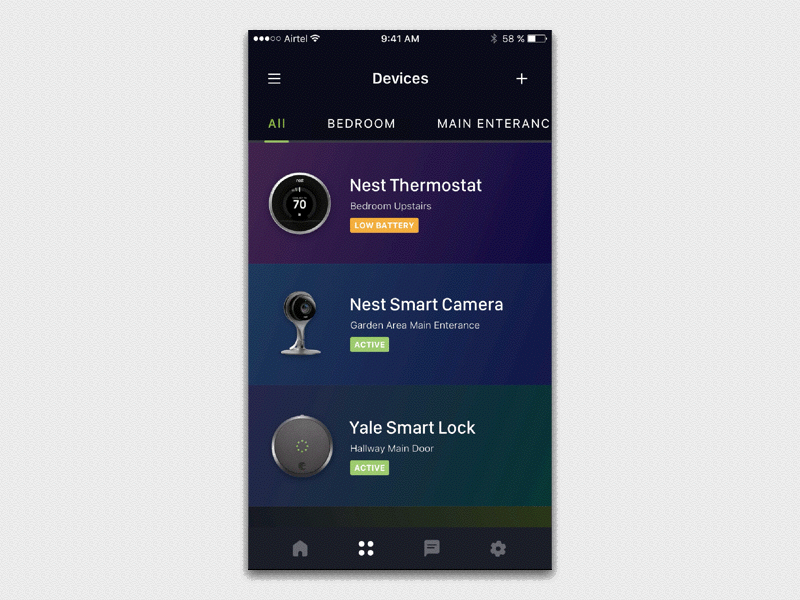 Home Automation App Concept (Products List) app application colourful dark ios khuzema list slider theme ui ux