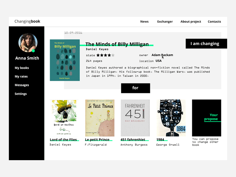 Changing Book animation book card desktop exchange motion site ui ux web