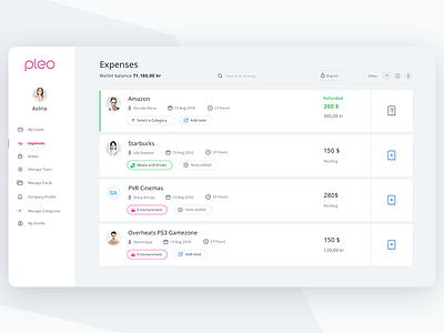 Pleo web app (Expense section admin view) app balance cards credit expense filter pleo search team ui wallet web