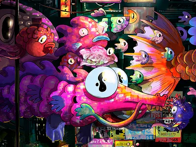 Teriyaki duck breast animals character design city japan monster night urban