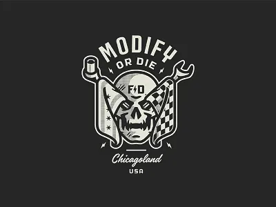 Modify or Die chicago flag illustration skull type vector wrench
