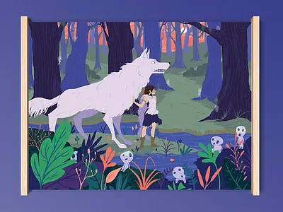 Whispering Forest forest ghibli hayao illustration miyazaki mononoke princess spirits wolf