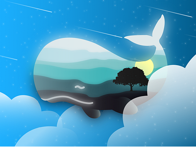 Whale Trial beautiful blue illustration jérémy philippe magic moon night ocean whale