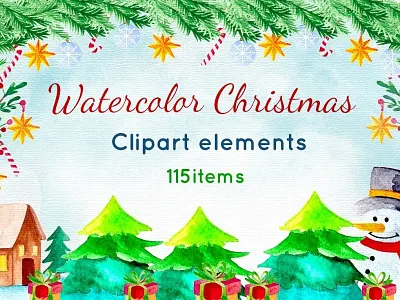 Watercolor Christmas Pack with 115 Elements bundle christmas cone december elements fir holiday merry christmas pine snowman typo winter