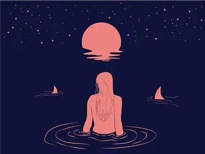 Jaws Night Swim blue illustration moon pink shark vector water
