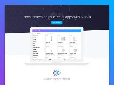 InstantSearch for React - Landing Page atom blue electric electron landing mockup purple react search ui web widgets