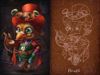Harold | Twist the Gear game bird cartoon character gears hat illustration professor steampunk