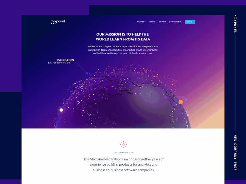 Mixpanel Company Data Visualization Globe | About Us about animation c4d dashboard globe grid illustration isometric landing leadership motion space