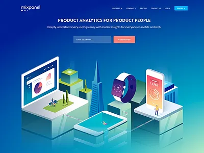 Homepage Illustration 3d analytics characters city devices futuristic heroimage isometric landingpage marketing skyline vector