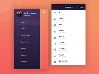 Kayak Menu and Search Filter Exploration app booking drop shadows filter flight gradient menu mobile orange pink purple