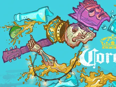 Corona Concept Illustration (2) beach beer corona crown guitar illustration mask music part skull splash