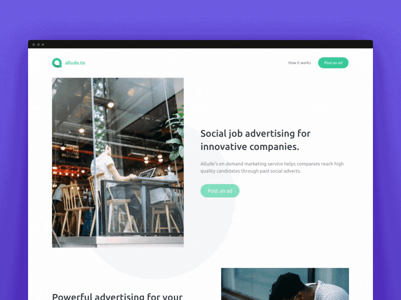 Allude – Landing page advertising allude animation circles gif green landing marketing minimal page purple website