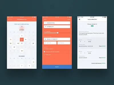 Calendar, advanced search, and invoicing UI advanced search booking calendar invoice ios mobile design scheduling search ui ui design ux ux design