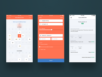 Calendar, advanced search, and invoicing UI advanced search booking calendar invoice ios mobile design scheduling search ui ui design ux ux design