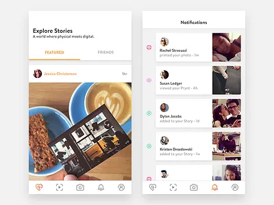 Prynt Redesign activity alerts camera capture discover explore featured feed like list notification photo