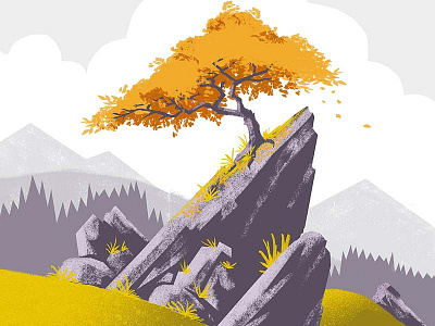 Stubborn Tree autumn boulders brushes fall illustration mid century mountains rocks wip