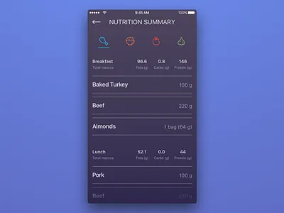 Week #3 (19) — NutritionSummary calorie tracker dark theme ios iphone app list view minimalistic simple