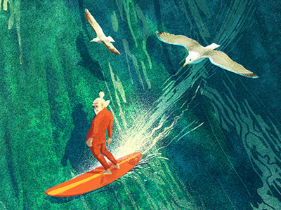 Surfin' Santa Safari bird character illustration reflection retro surf texture travel vintage water wave xmas