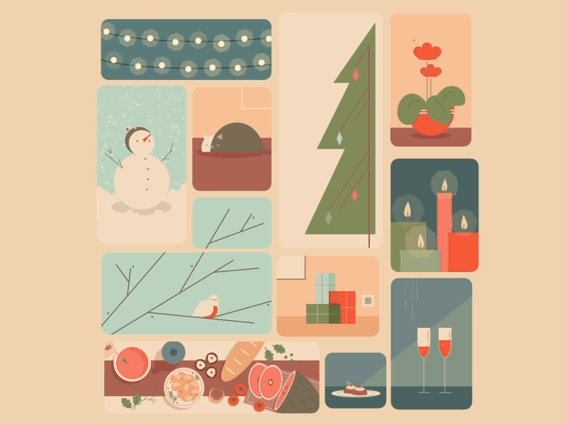 Christmas Moments 2d animation candles cat champagne christmas christmas tree fairy lights feast flower gifts motion graphics