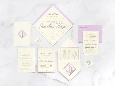 C100 Invitation Suite folding formal gold invitation monogram napkin place setting purple save the date suite