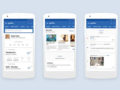 Travel and Hotel Booking app - Goibibo app application booking cards city guide hotel icons reviews search travel ui ux