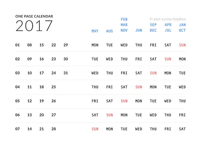 One Page Calendar 2017 2017 calendar calender clean concept new year one page one page calendar redesign white