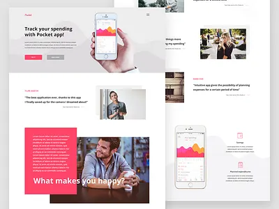 Pocket App Landing Page app bold colors finance app landing page mobile app pink ui ux webdesign