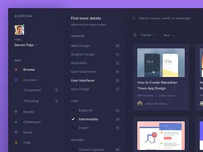 Zunpena - Filter Design Courses colorfull courses dark dashboard design filter online ui ux web zunpena