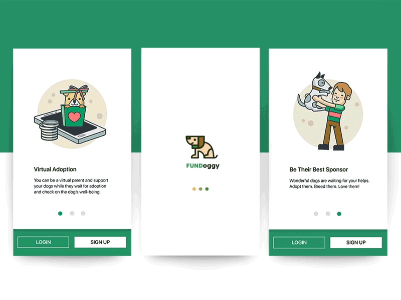 App UI / FUNDoggy / Onboarding, walkthrough dog donation fundraising gif illustration loading mobile app onboarding prototype ui design ux design walkthrough